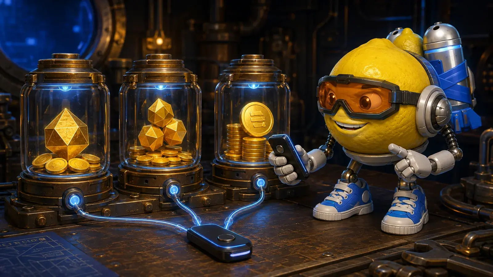 Lemon Jet mascot checking a wallet beside three separate glass containers with different token balances