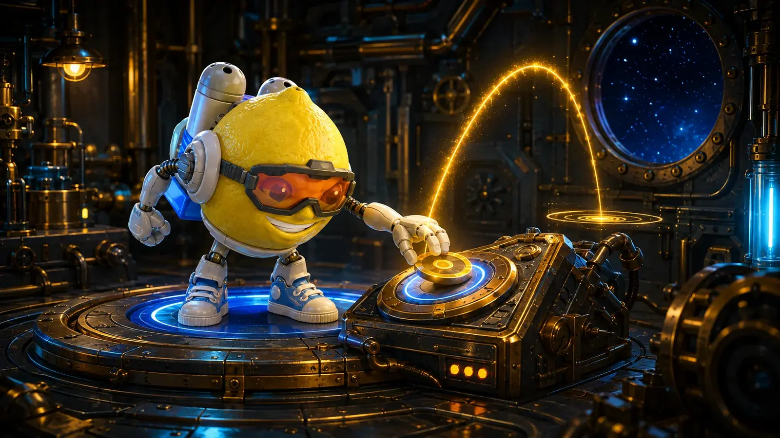 Lemon Jet mascot setting a gold target ring on a launch console beside a glowing flight path
