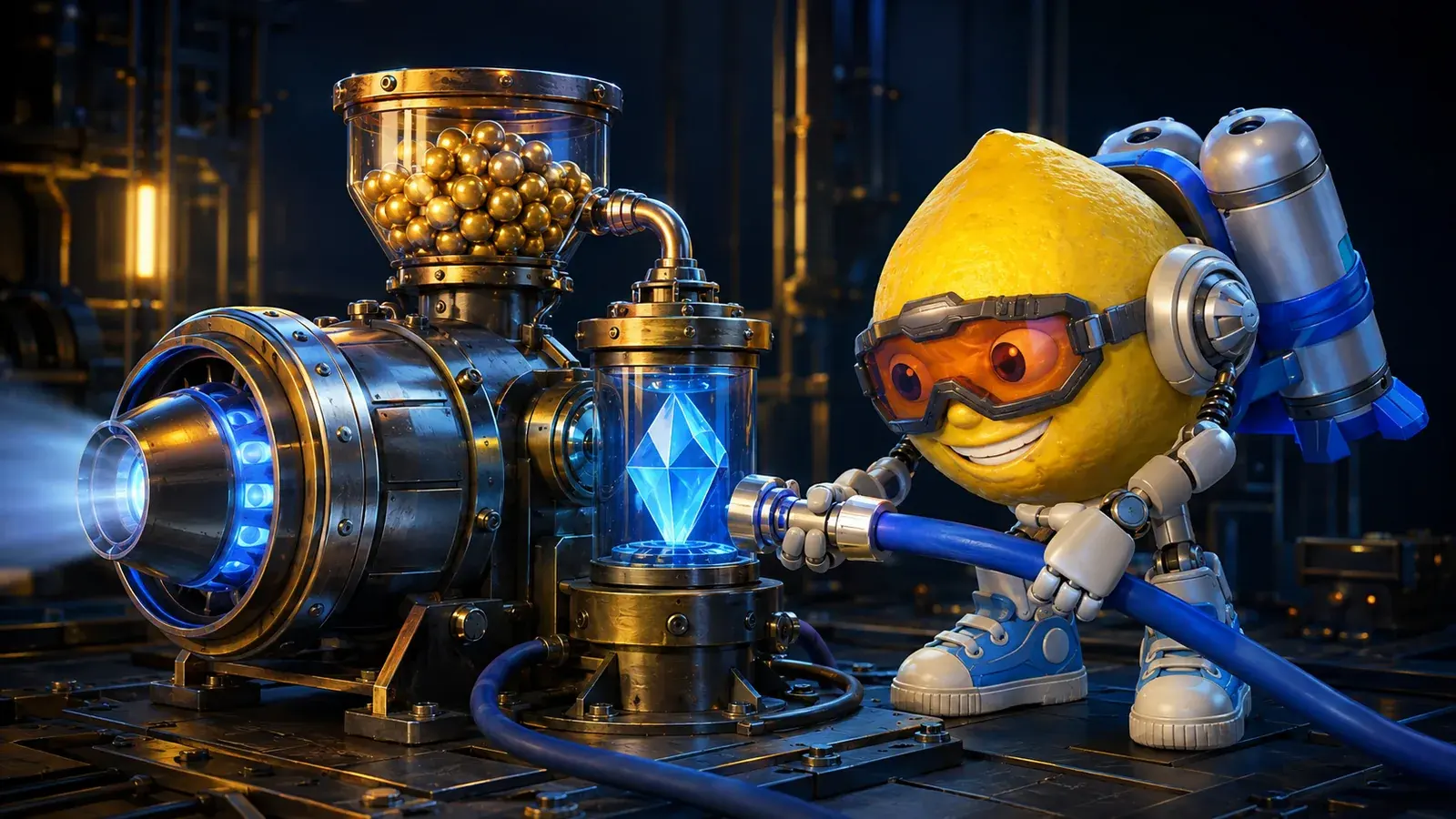 Lemon Jet mascot connecting a blue fuel hose to an engine with separate gold-token and crystal chambers