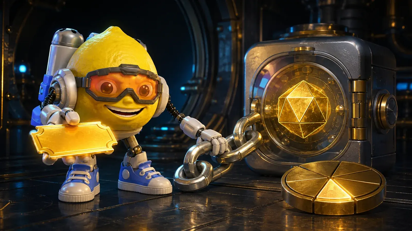 Lemon Jet mascot offering a gold invitation beside silver links, a vault and a segmented share disc