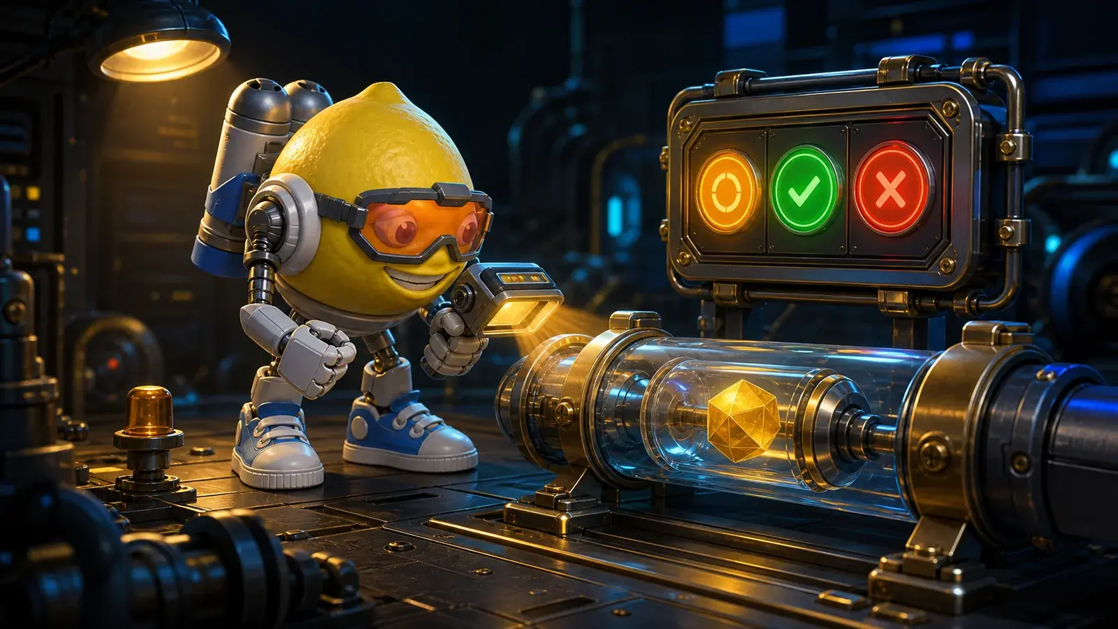 Lemon Jet mascot inspecting a token checkpoint with amber pending, green check and red cross indicators