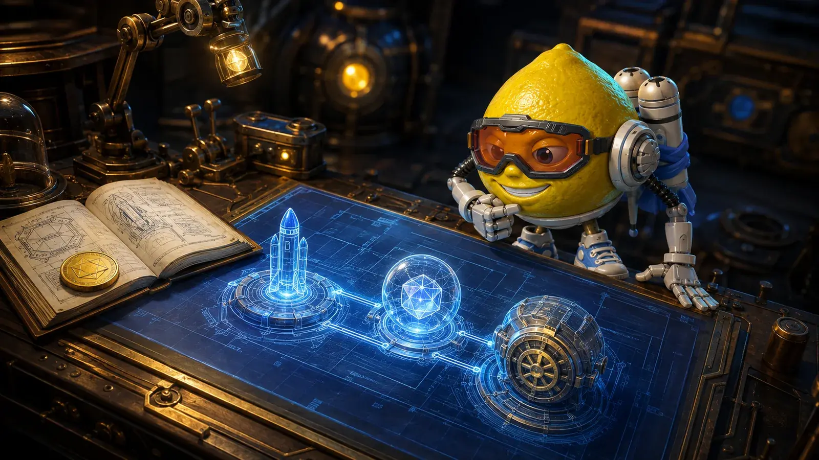 Lemon Jet mascot studying a blueprint of the launch system, randomness sphere and liquidity vault