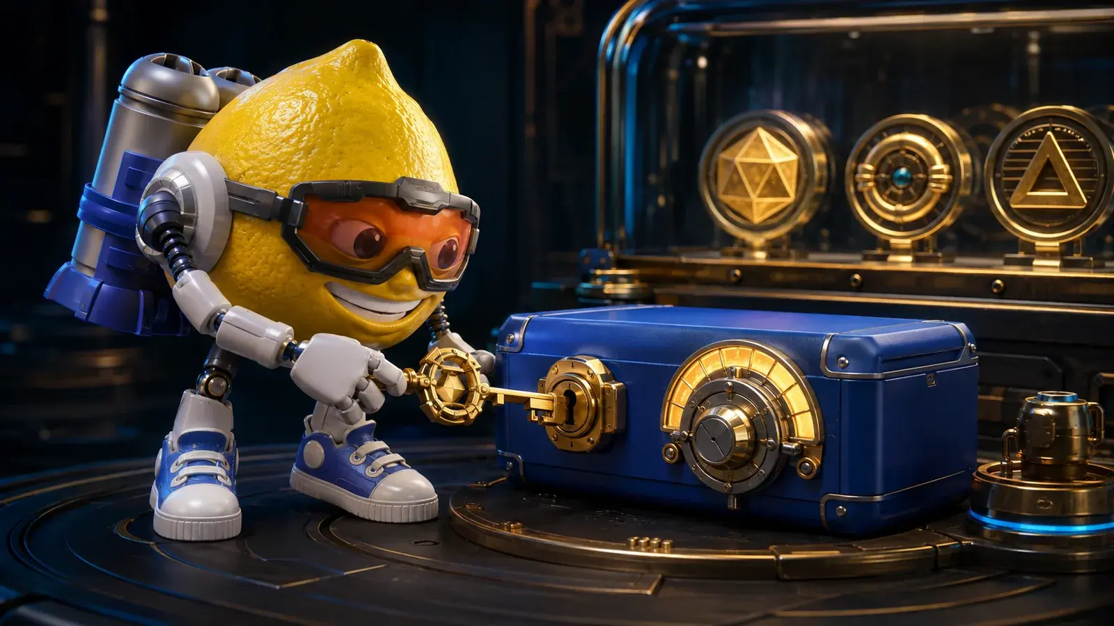 Lemon Jet mascot holding a gold key beside a locked blue wallet case and an adjustable permission dial