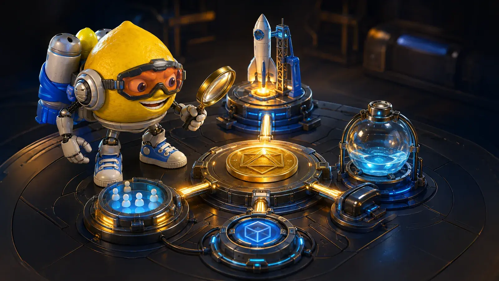 Lemon Jet mascot inspecting a miniature launch station, liquidity reservoir and connected product modules