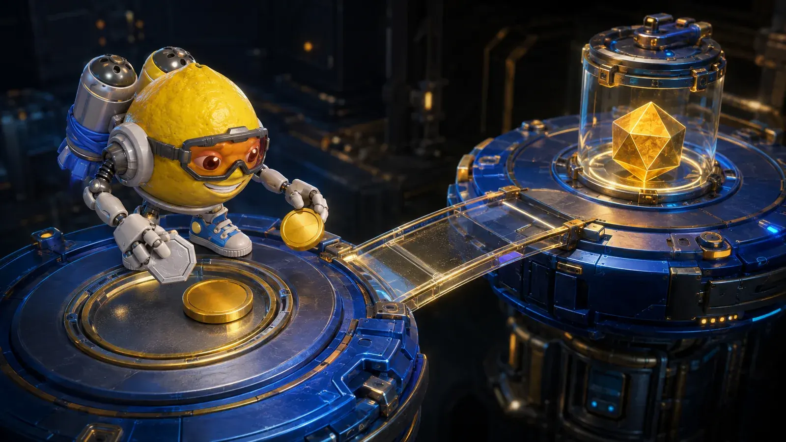 Lemon Jet mascot exchanging tokens on one platform beside a transparent bridge to a separate platform