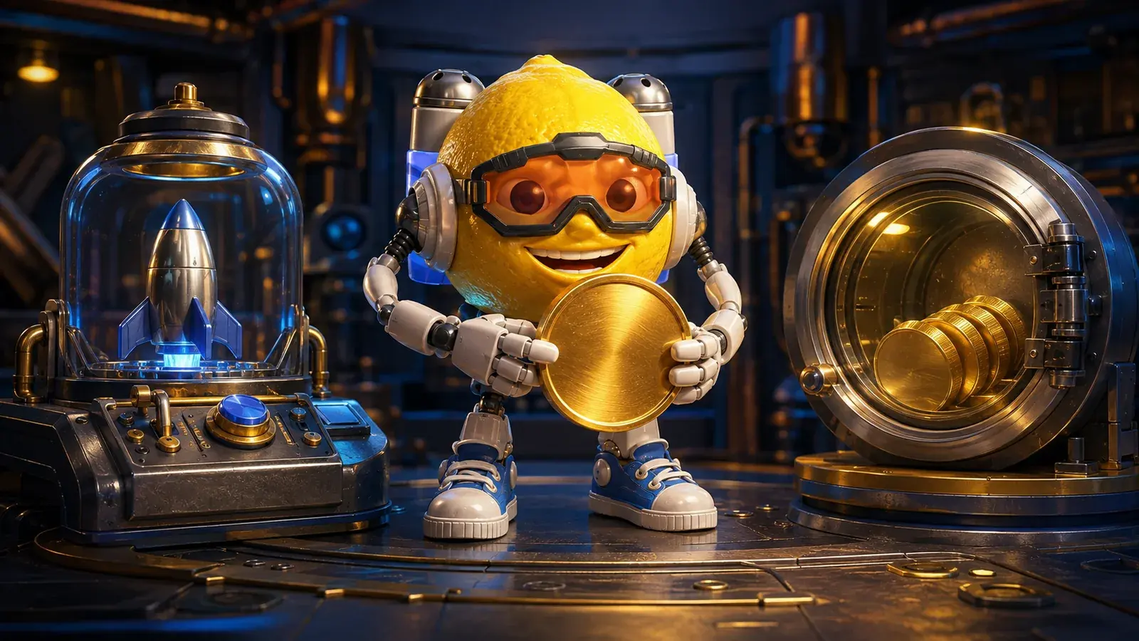 Lemon Jet mascot holding a gold token between a launch console and a round liquidity vault
