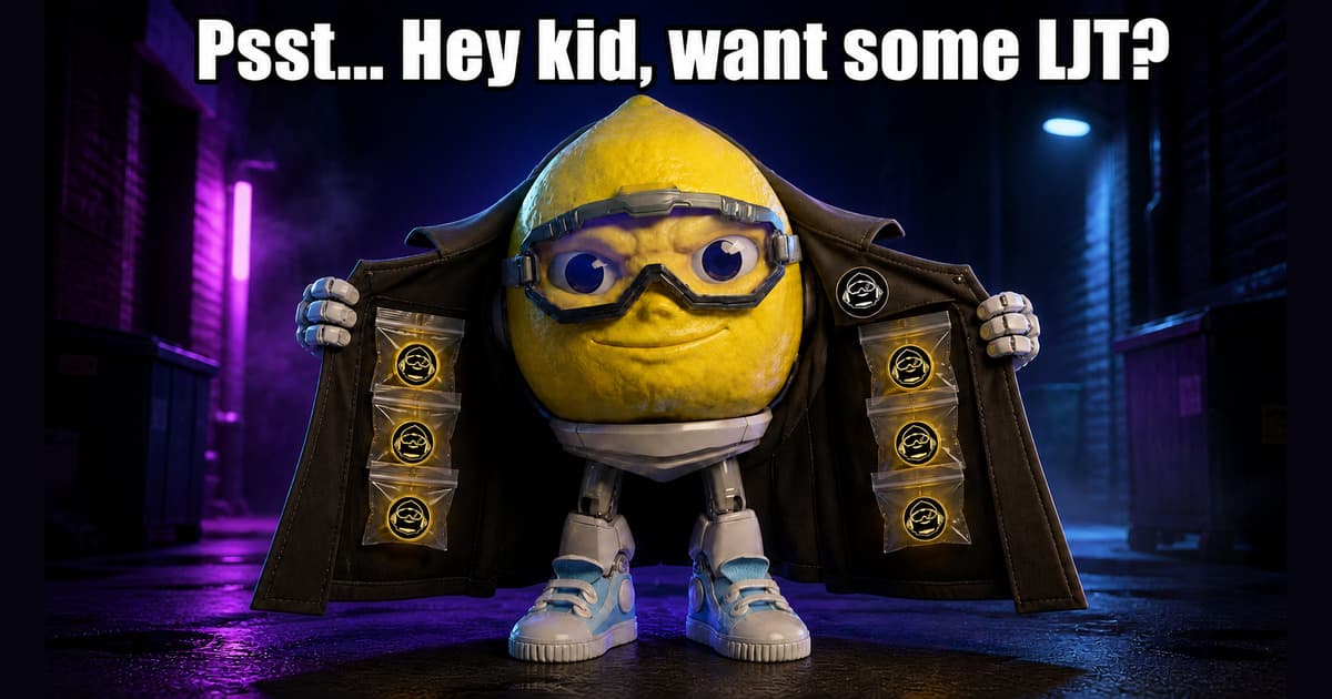 The Lemon Jet mascot opening a trench coat lined with six packets carrying the Lemon Jet logo in a neon alley