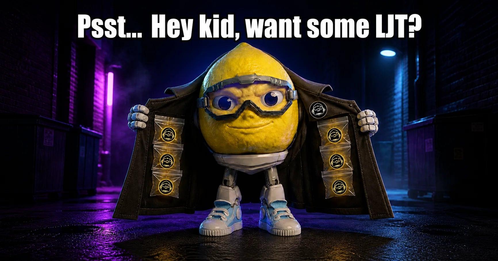 The Lemon Jet mascot opening a trench coat lined with six packets carrying the Lemon Jet logo in a neon alley