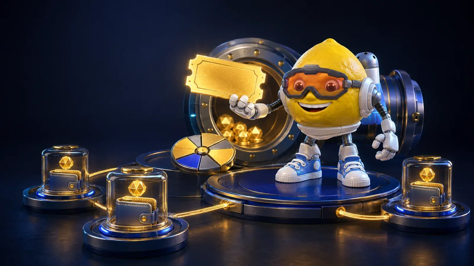 Lemon Jet mascot presenting a gold invitation beside connected wallet nodes and a vault